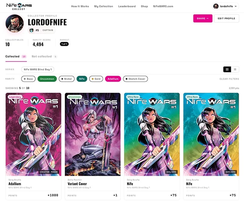 Your collection page — rarity score, rarest pull, leaderboard rank, claimed grid