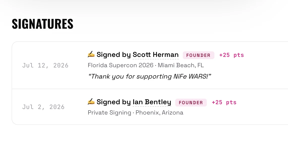 Signatures row on a card detail page — Scott Herman and Ian Bentley signings
